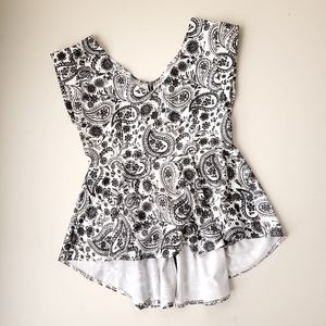 Paisley black and white top with bold back zipper & pleated waist peblum